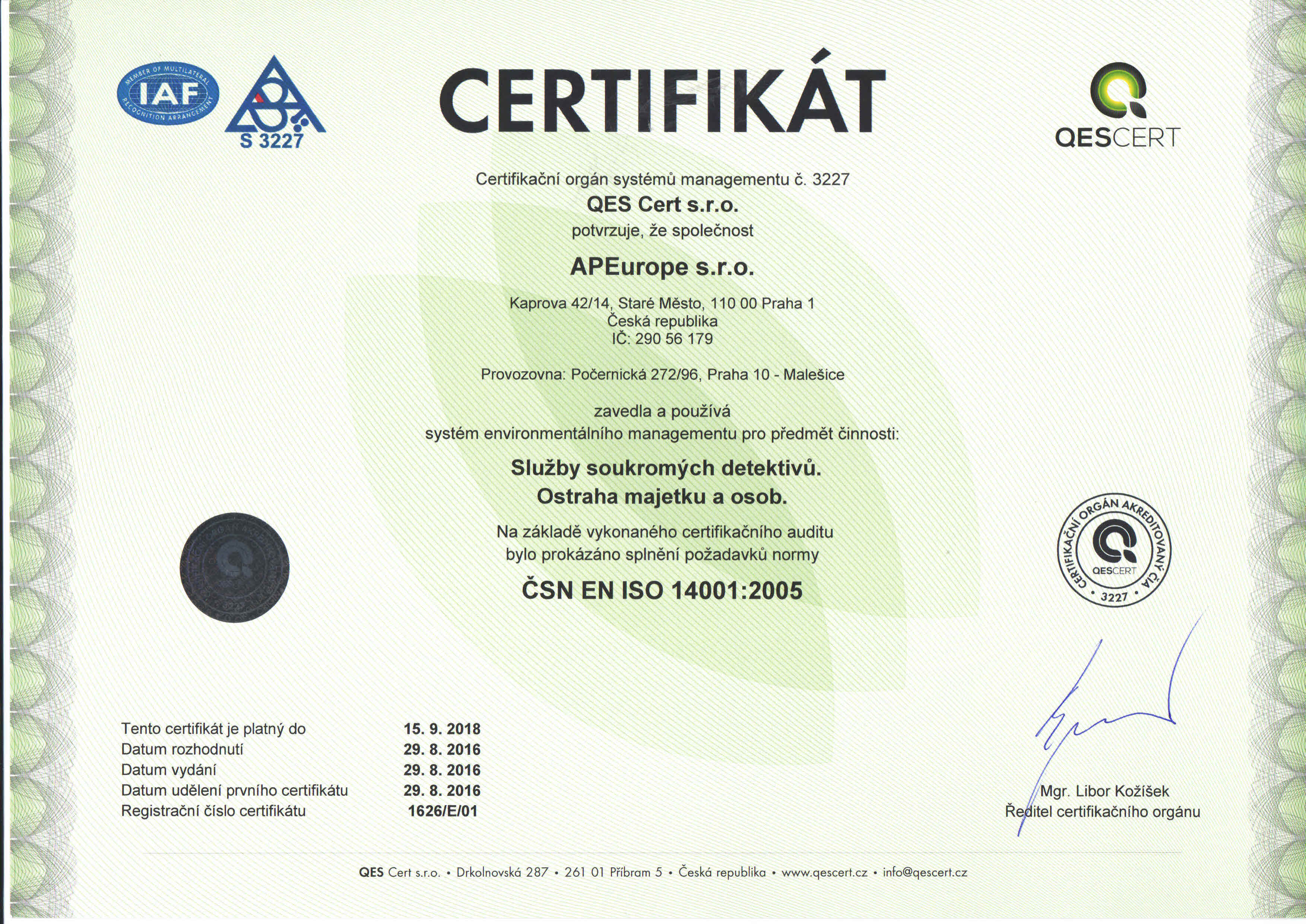 Certifikát ČSN EN ISO 14001