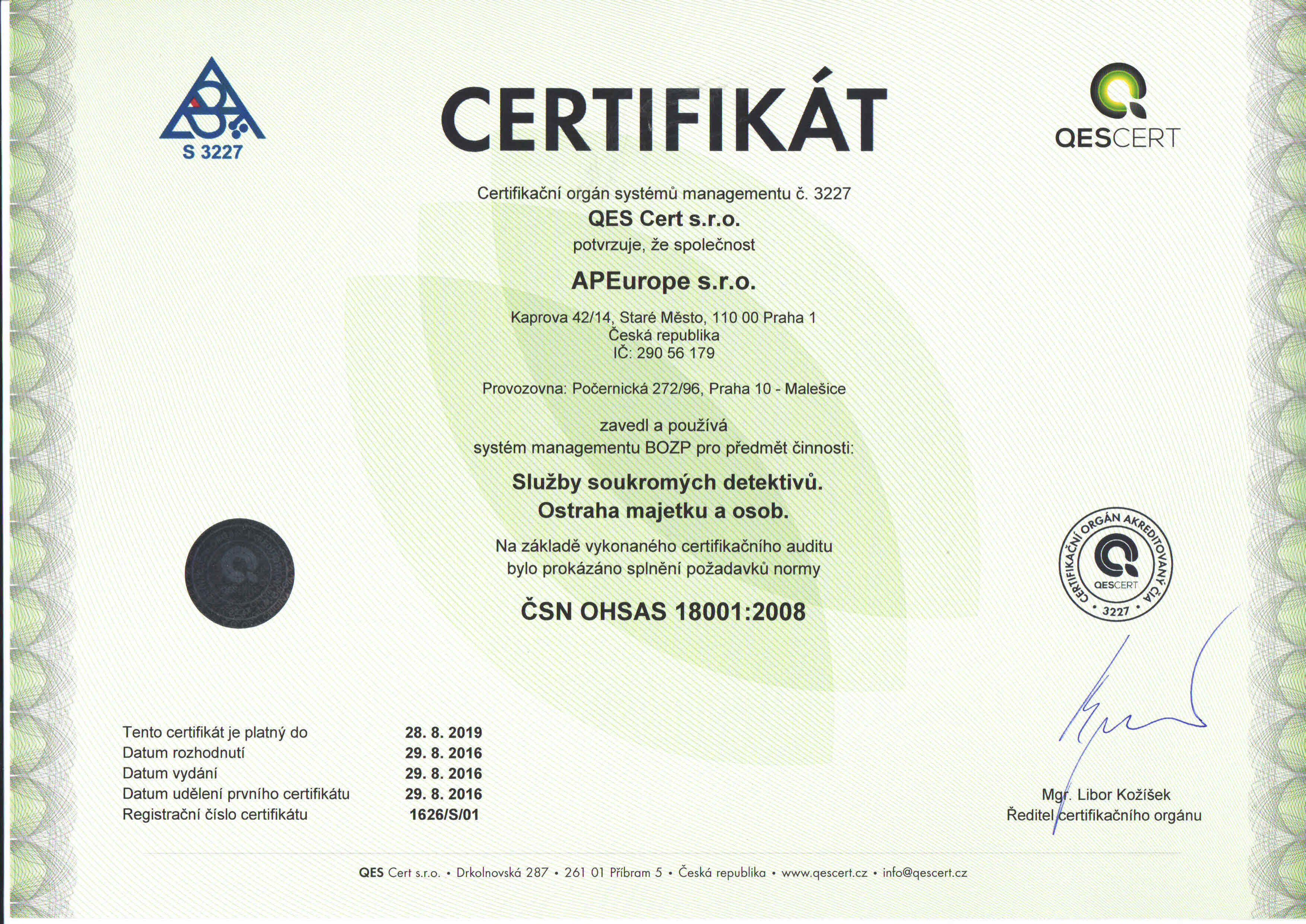 Certifikát ČSN EN ISO 18001